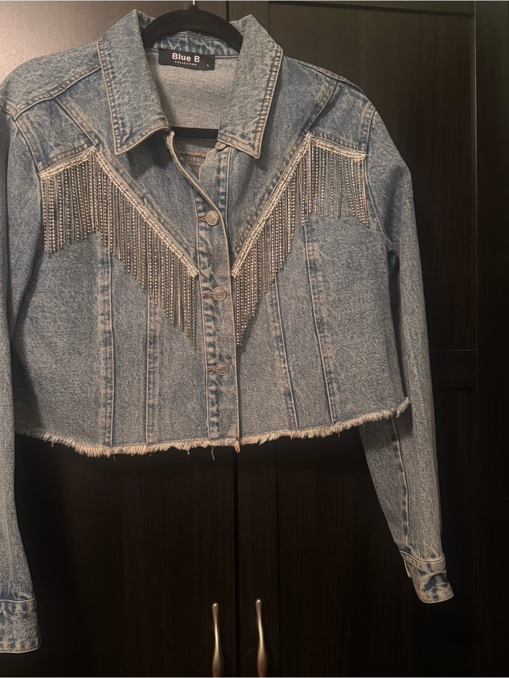 Blue B Cropped Light Blue Denim Jacket with Silver Chain Fringe